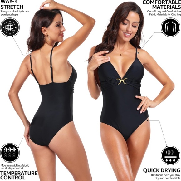 UNIQUEBELLA Women One Piece Swimsuits V Neck Tummy Control Bathing Suit, size L - Picture 2 of 7
